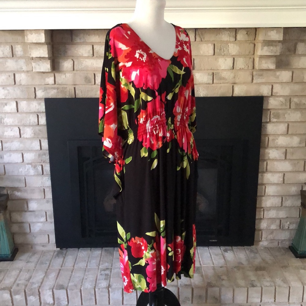 Robbie Bee Black Red Pink Batwing Elastic Waist V-Neck Dress size 1X - Picture 9 of 11